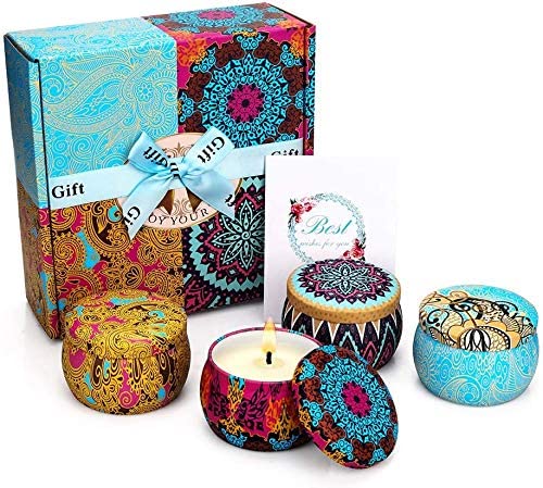 Yinuo Mirror Scented Candles Gift Set, Natural Soy Wax 4.4 Oz Portable Travel Tin Candles Women Gift with Strongly Fragrance Essential Oils for Aromatherapy- 4 Pack