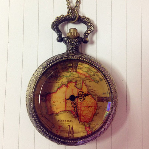 Christmas Gift Retro Antique Chain AU Map Necklace Pendant Pocket Watch
