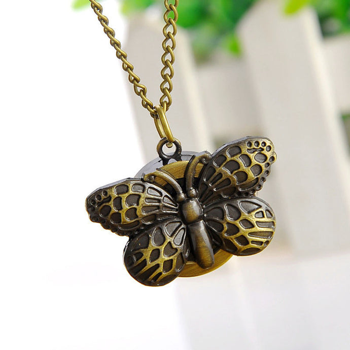 New Vintagetterfly Quartz Pocket Watch Necklace Pendant Chain Watch